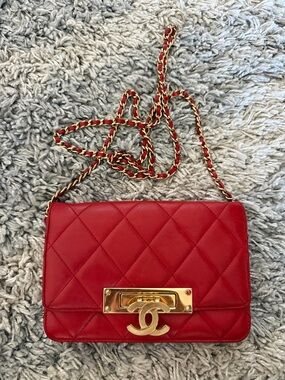 CHANEL Red Quilted Leather Crossbody with Gold Chain and CC Turnlock